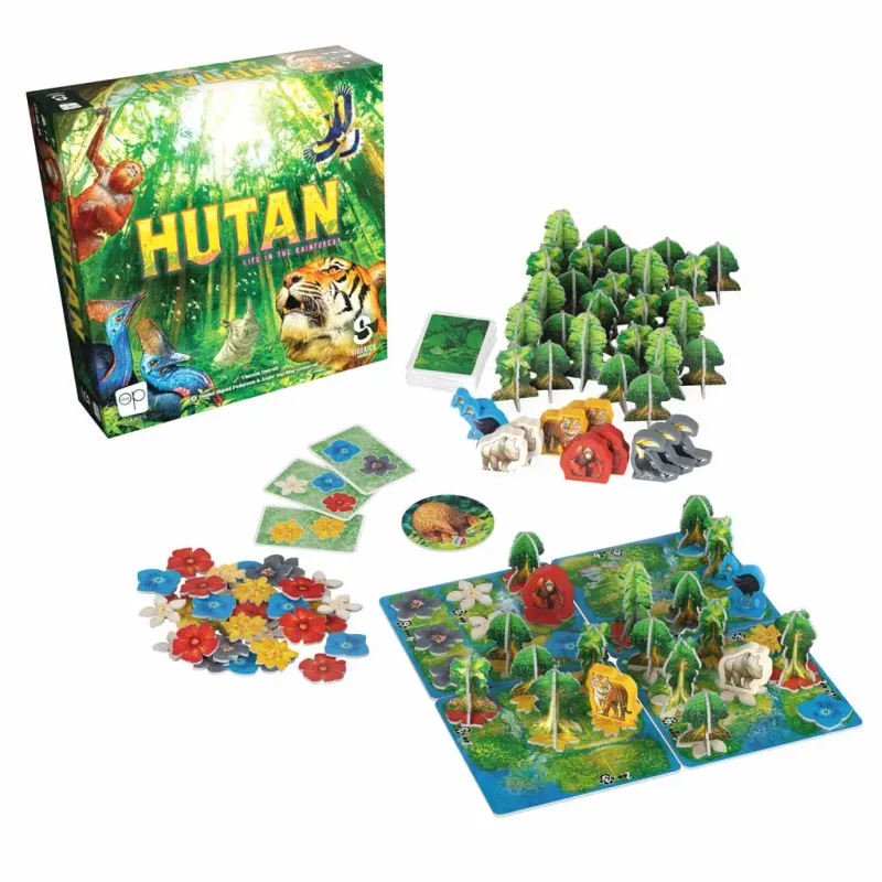 Hutan board game components including box, tree tokens, player boards, animal figures, and colorful flower pieces for 1-4 players aged 8+.