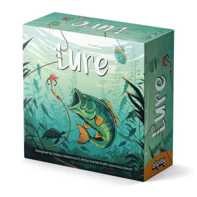 Lure board game box with green background, colorful fish, and fishing hook, designed by Satoru Nakamura, allplay logo, for 2-5 players aged 7+.