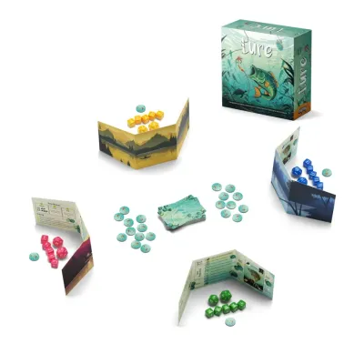 Lure board game components including green, blue, yellow, and red dice, tokens, and box with colorful underwater scene and fish illustration.