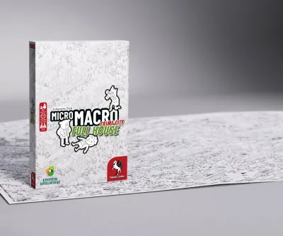 MicroMacro: Crime City 2 Full House board game box and map, white background with black text and illustrations, red and green accents.