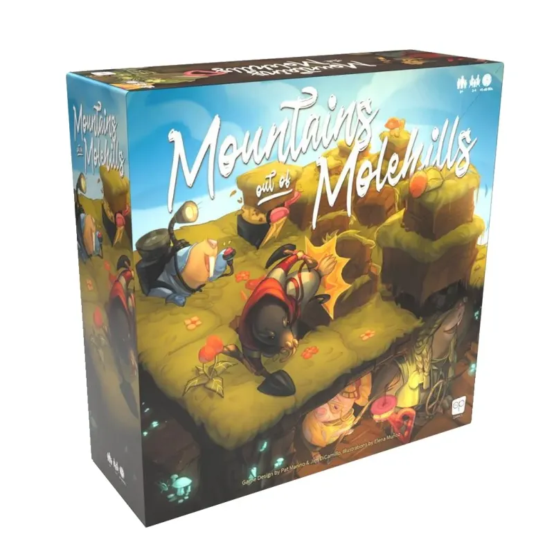 Mountains Out Of Molehills board game box featuring cartoon moles building molehills and mountains with shovels, colorful blocks, and earthy tones.