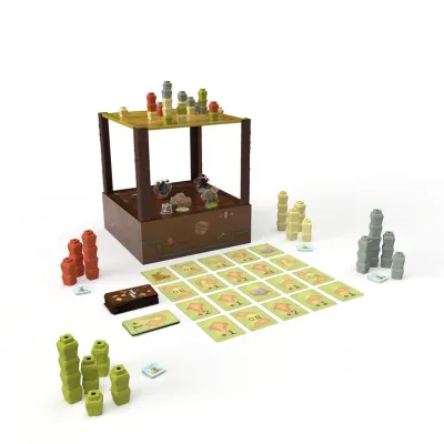 Mountains Out Of Molehills game components, colorful molehill towers, cards, and wooden stand on white background, strategy game for 2-4 players aged 9+.