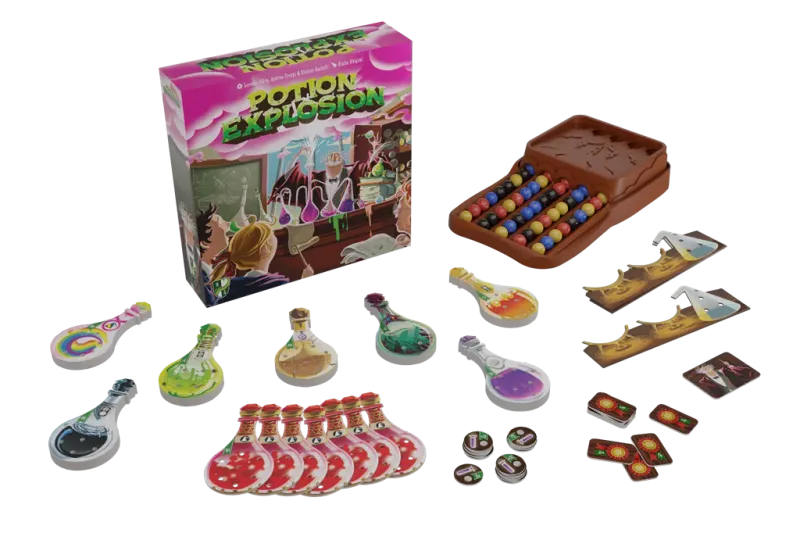 Potion Explosion game box and colorful components, including beakers, marbles, and potions, on a white background, board game for 2-4 players aged 8+.