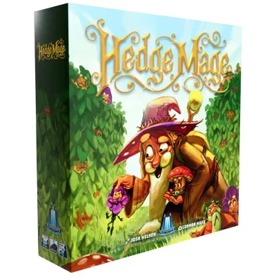 Hedge Mage board game box featuring colorful illustration of a wizard collecting gnomes amidst lush greenery and vibrant flowers.