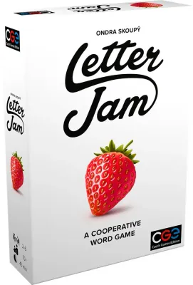 Letter Jam cooperative word game box by Ondra Skoupy, CG3 Czech Games Edition, featuring a strawberry with letters on it.