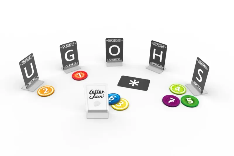 Letter Jam game components, including letter cards with U, G, O, H, S and colored numbered tokens, on a white background.