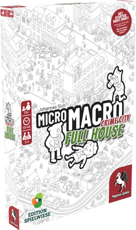 MicroMacro: Crime City 2 Full House board game box, Pegasus Spiele, illustration of city scene with cartoon characters, for 1-4 players aged 12+.