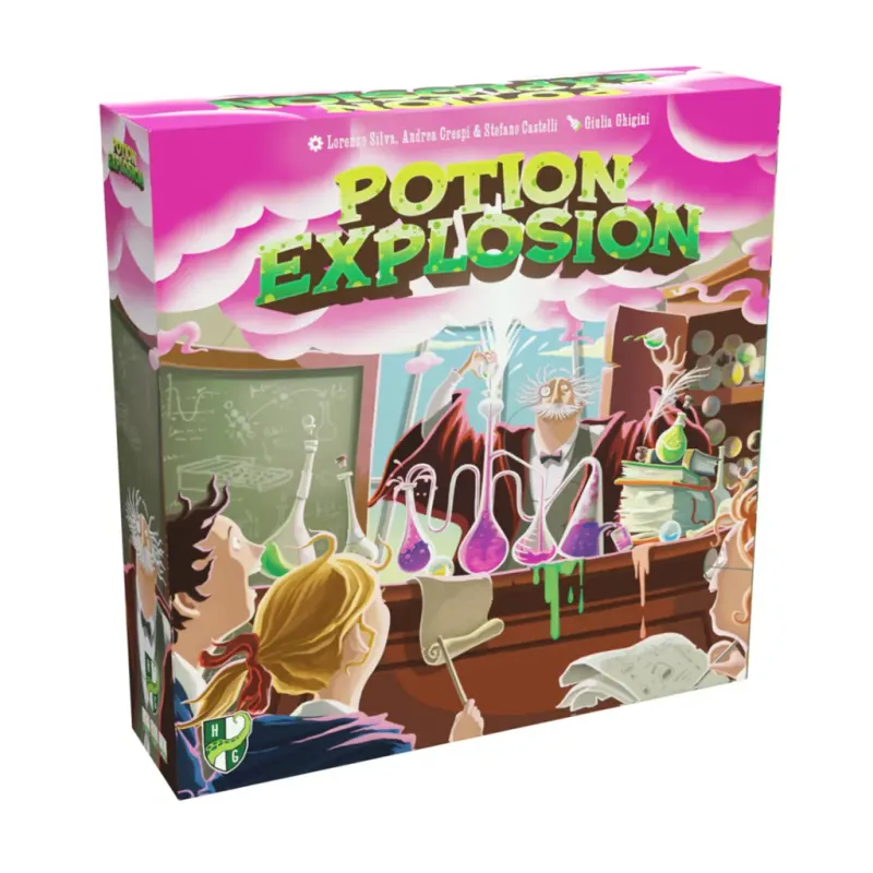 Potion Explosion board game box, colorful illustration of students in a laboratory setting with beakers and colorful potions.