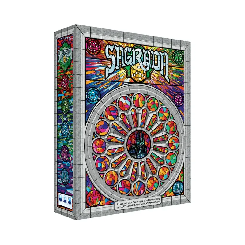 Sagrada board game box with colorful stained glass design and title in white, gray stone border on white background.