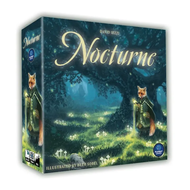 Nocturne board game box with fox mystic in moonlit forest, illustrated by Beth Sobel, designed by David Iezzi, for 1-4 players aged 10+.