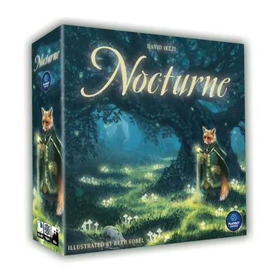 Nocturne board game box with fox mystic in moonlit forest, illustrated by Beth Sobel, designed by David Iezzi, for 1-4 players aged 10+.