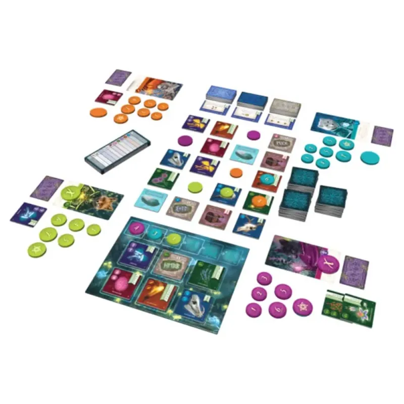 Nocturne board game components laid out, featuring colorful cards, tokens, and game board for 1-4 players, ages 10+, 30-minute puzzle gameplay.