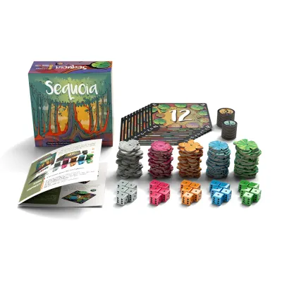 Sequoia board game components, colorful dice, tokens, and cards displayed beside game box and instructions, showcasing vibrant forest themed packaging.