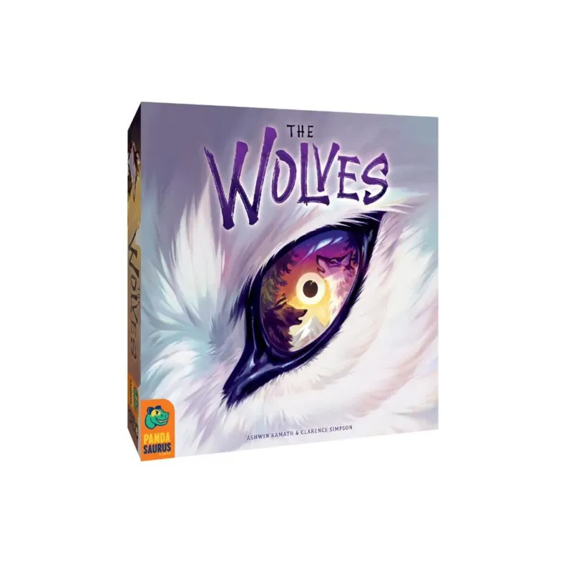 The Wolves board game box by Panda Saurus with purple title and wolf eye illustration
