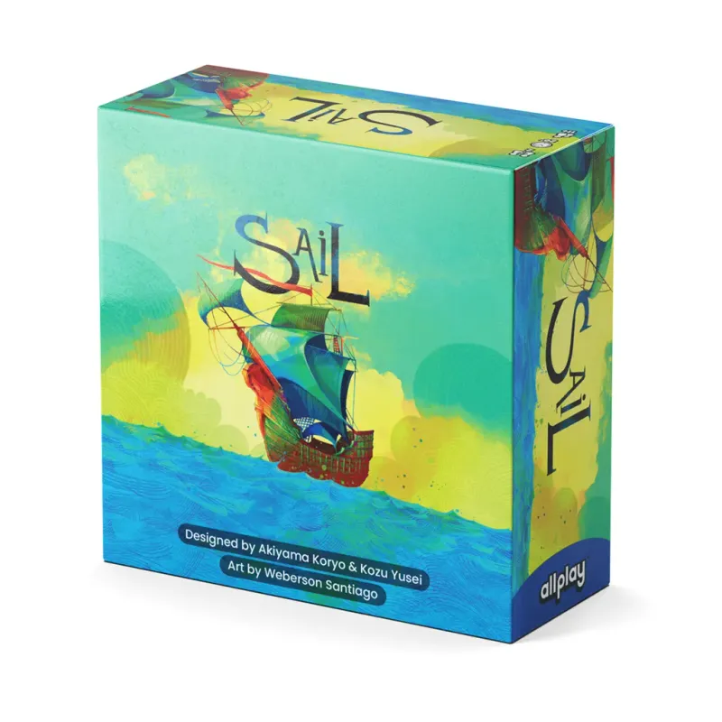 Sail board game box with colorful illustration of ship on ocean, featuring blue, green, and yellow hues, designed by Akiyama Koryo &amp; Kozu Yusel.