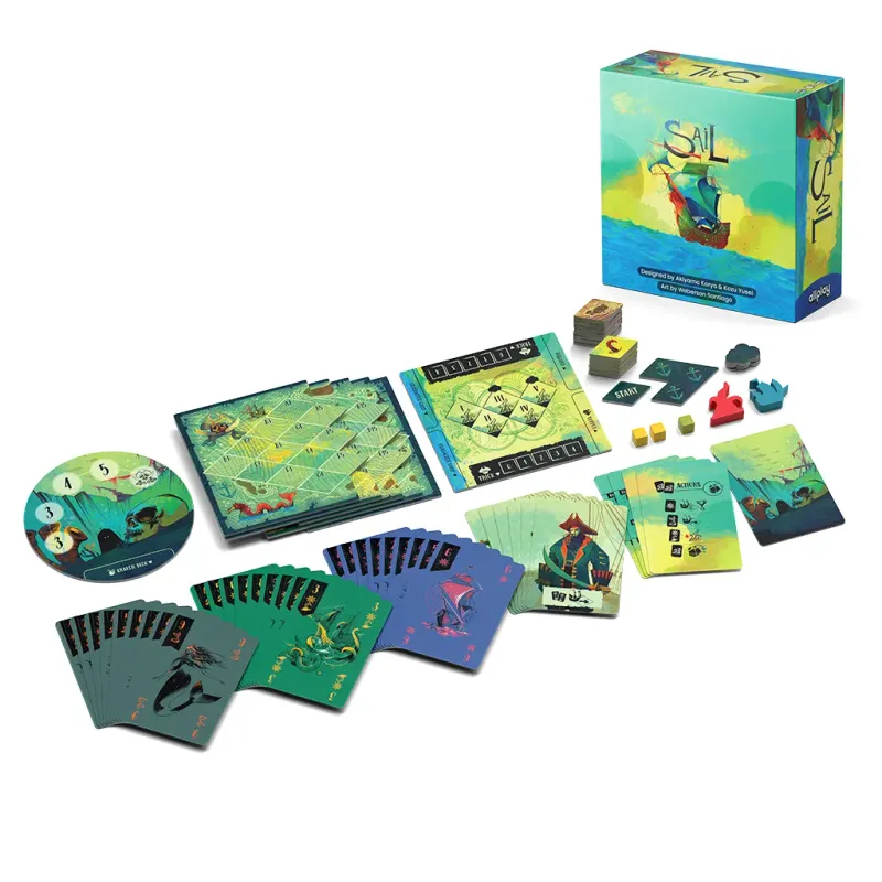 Sail cooperative board game components, including colorful cards, game board, and box, for 2 players aged 11+, 20-minute playtime.
