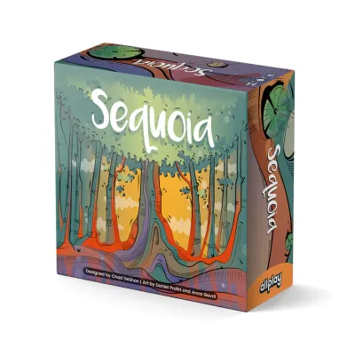 Sequoia board game box with colorful forest illustration, allplay logo, and white text on a white background.