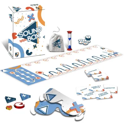 Sound Box game components, including box, board, hourglass, token bag, and cards, laid out on a white background, for 4-7 players aged 8+.