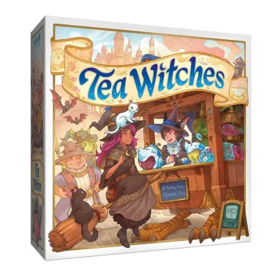 Tea Witches board game box featuring colorful cartoon witches and animals at a tea hut with a sign and chalkboard on a white background.