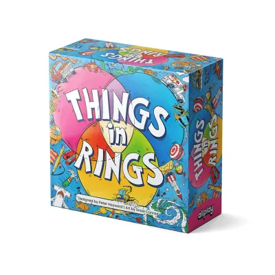 Things in Rings board game box, colorful design with overlapping rings and illustrations, allplay logo, by Peter Hayward and Snow Conrad.