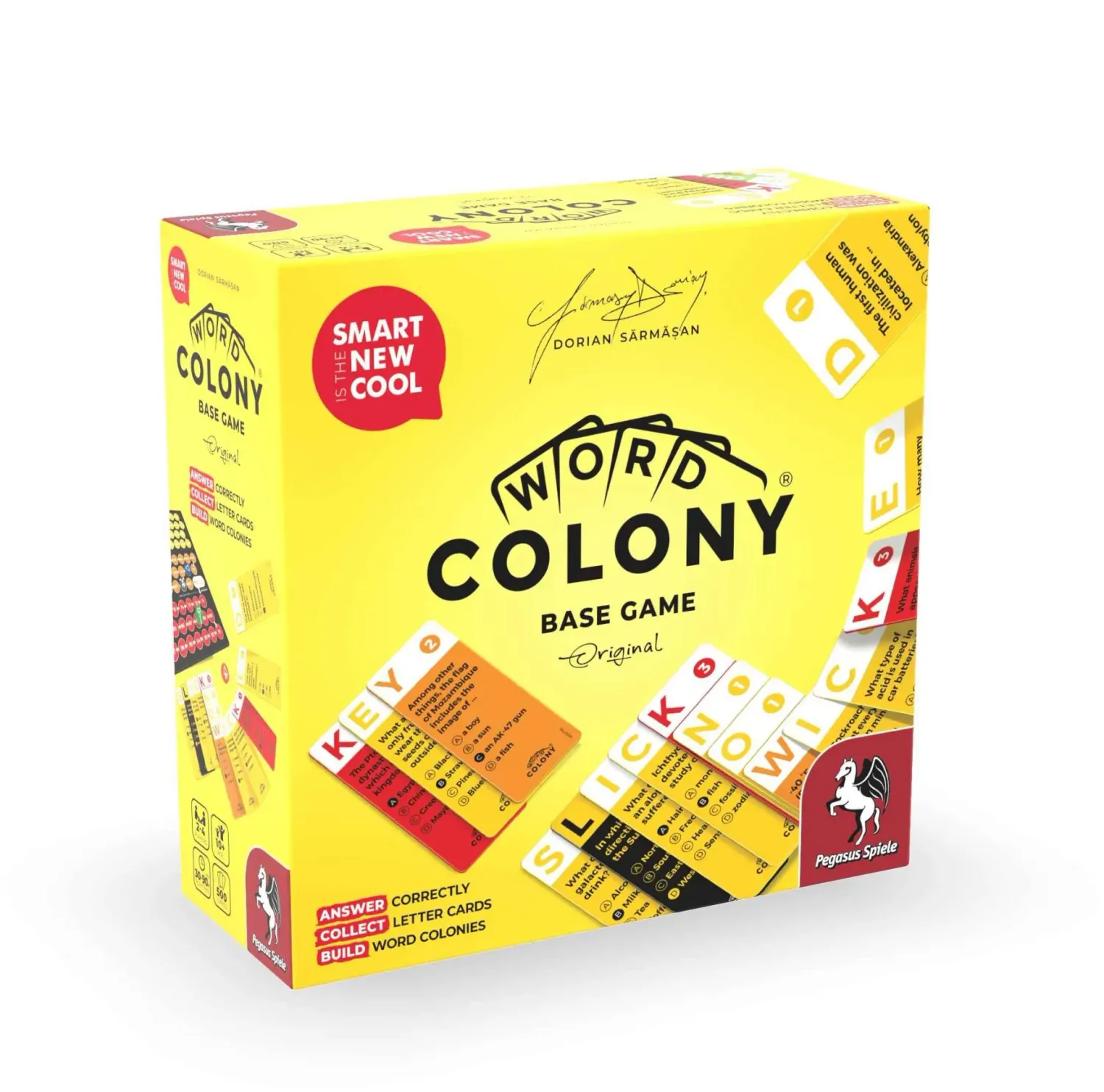 Word Colony Base Game box, yellow background with black text and colorful game cards, Pegasa Spiele logo, for 2-4 players aged 10+.