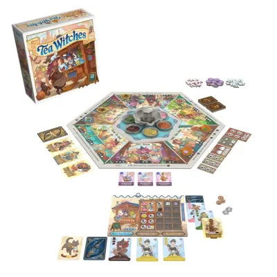 Tea Witches board game components and box, colorful illustration, various cards, tokens, and game pieces laid out on a white background.