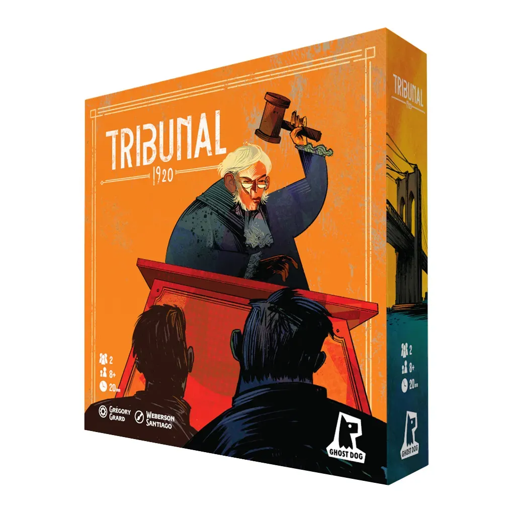 Tribunal 1920 board game box, orange background with illustration of judge banging gavel, two players, Ghost Dog logo, for 2 players aged 8+.