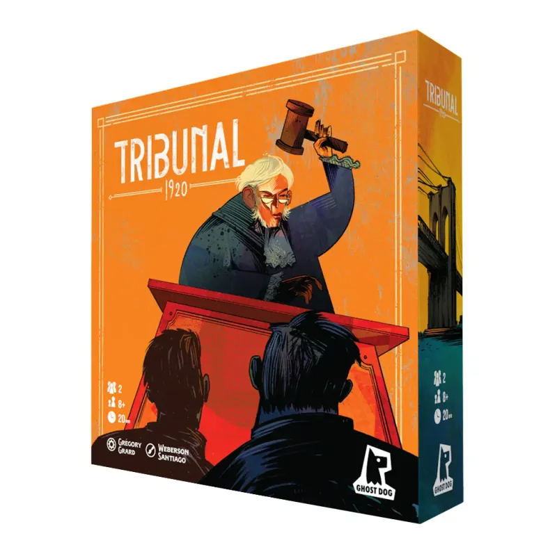Tribunal 1920 board game box, orange background with illustration of judge banging gavel, two players, Ghost Dog logo, for 2 players aged 8+.