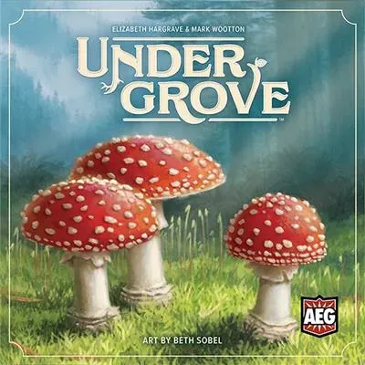 Undergrove board game cover featuring three large red mushrooms with white spots on green grass with blue misty forest background.