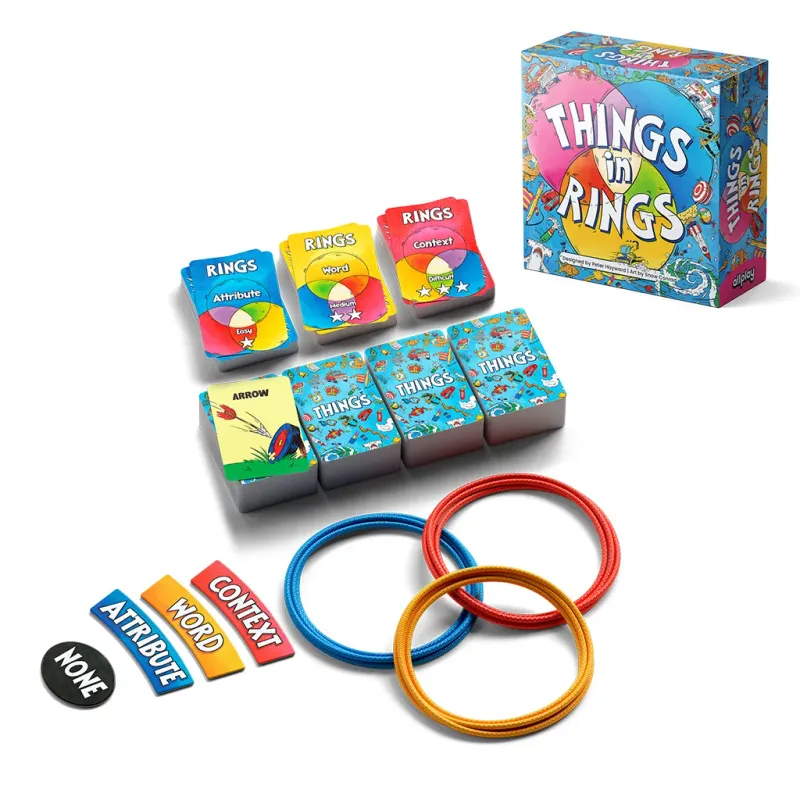 Things in Rings game box and components, including colorful rings, cards, and labels, showcasing the logic and deduction party game's unique triple-Venn Diagram.