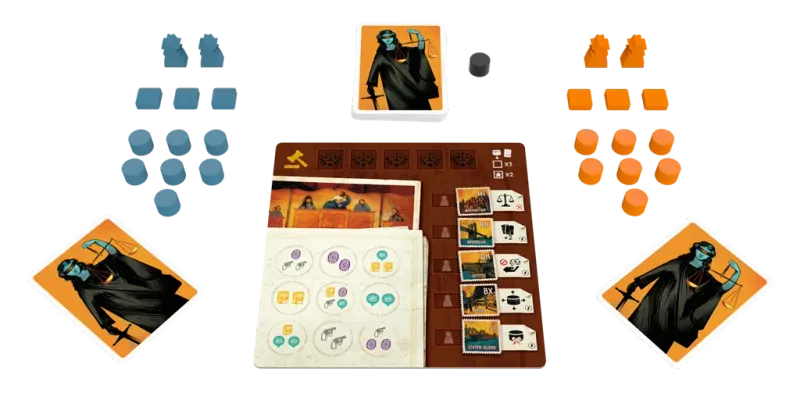 Tribunal 1920 board game components, including player tokens, cards, and game board, with orange and blue pieces on a white background.