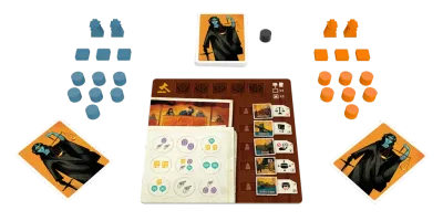 Tribunal 1920 board game components, including player tokens, cards, and game board, with orange and blue pieces on a white background.