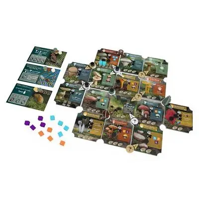Undergrove board game components, featuring colorful cards and tokens on a white background, showcasing game pieces and cards with forest and mushroom illustrations.