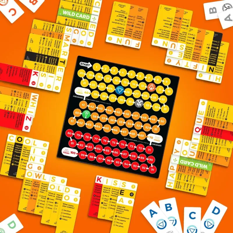Word Colony Original board game components on orange background, featuring colorful cards, letter tiles, and game board with point values and trivia questions.