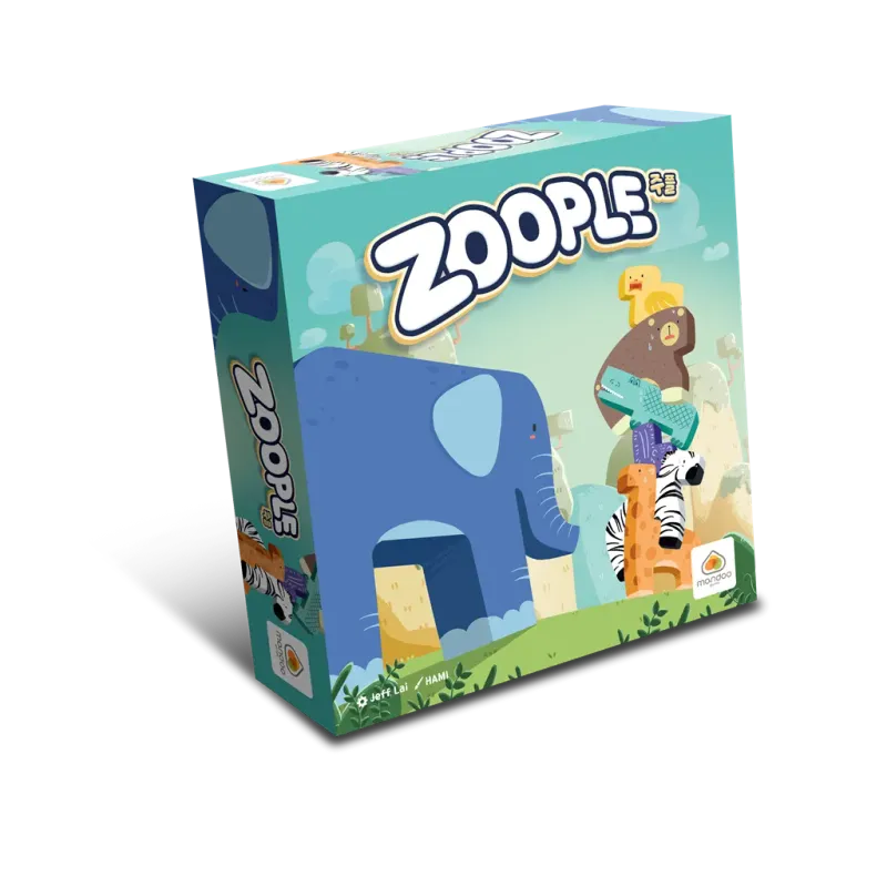 Zoople board game box, Mandoo Games, featuring colorful animals stacked, blue elephant and cartoon style illustrations on a green background.