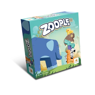 Zoople board game box, Mandoo Games, featuring colorful animals stacked, blue elephant and cartoon style illustrations on a green background.
