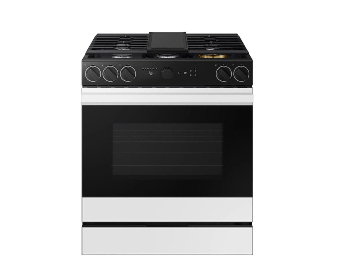 Samsung Bespoke 6.0 cu. ft. Smart Slide-In Gas Range with Smart Oven Camera &amp; Illuminated Precision Knobs in White Glass