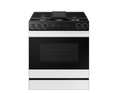 Samsung Bespoke 6.0 cu. ft. Smart Slide-In Gas Range with Smart Oven Camera &amp; Illuminated Precision Knobs in White Glass
