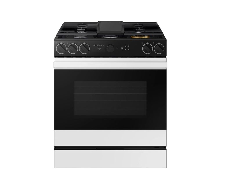 Samsung Bespoke 6.0 cu. ft. Smart Slide-In Gas Range with Smart Oven Camera &amp; Illuminated Precision Knobs in White Glass