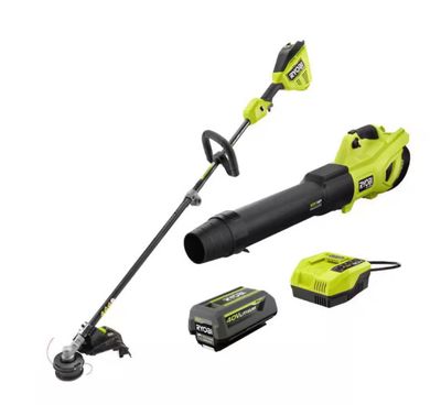 RYOBI 40V HP Brushless 650 CFM 160 MPH Cordless Leaf Blower and Carbon Fiber String Trimmer with 4Ah Battery and Charger