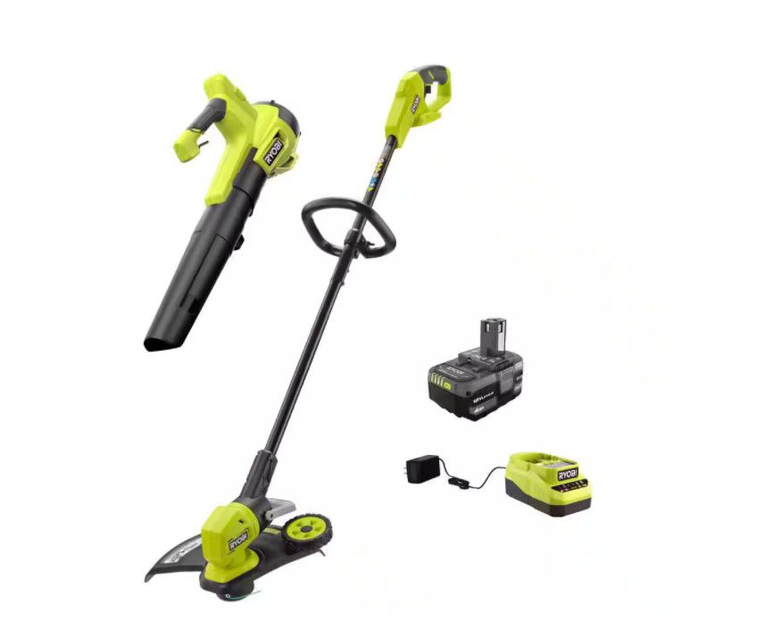 RYOBI ONE+ 18V Cordless Battery String Trimmer/Edger and Jet Fan Blower Combo Kit (2-Tools) with 4.0 Ah Battery and Charger