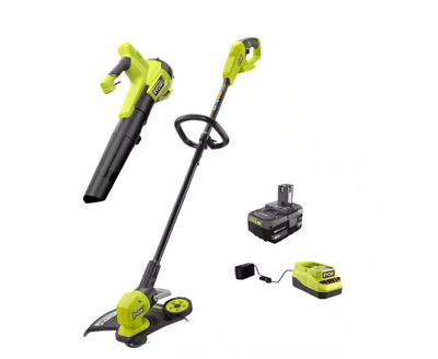 RYOBI ONE+ 18V Cordless Battery String Trimmer/Edger and Jet Fan Blower Combo Kit (2-Tools) with 4.0 Ah Battery and Charger