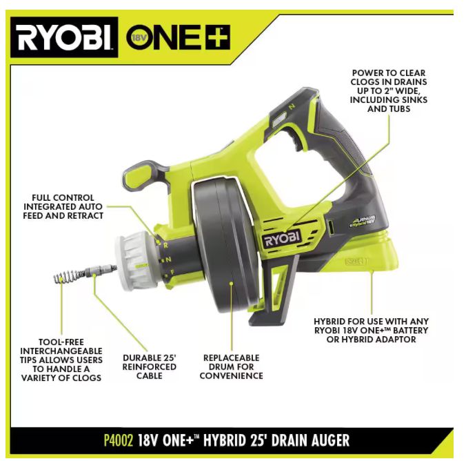 Ryobi P4002 18-Volt ONE+ Hybrid Drain Auger (Tool Only)