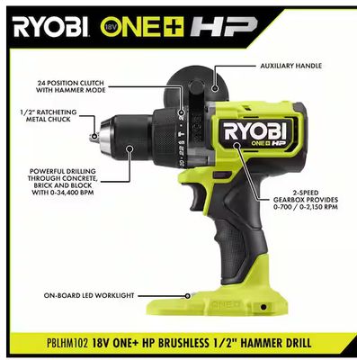 RYOBI ONE+ HP 18V Brushless Cordless 1/2 in. Hammer Drill (Tool Only)