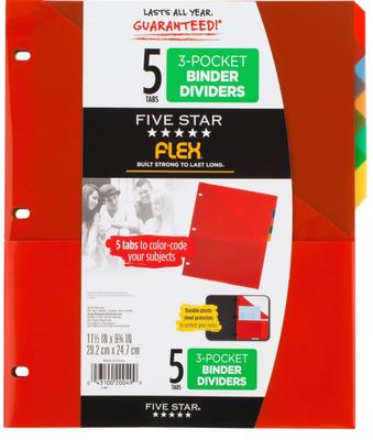 Five Star 5 Tab Flex NoteProtector Binder Insert Assorted Colors: Polypropylene Dividers with Pockets