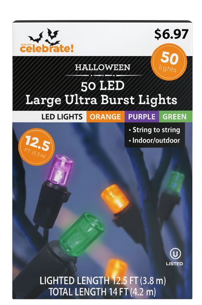 Way to Celebrate! Halloween 50-Count Multicolor LED Large Ultra Burst Lights with AC Adapter, Indoor/Outdoor – 120 Volts