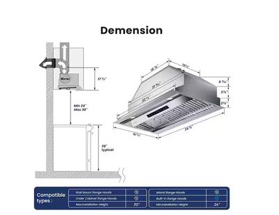 VIKIO 36 in. 900 CFM Convertible Insert Range Hood Stainless Steel with Baffle Filters, LED and Gesture Control