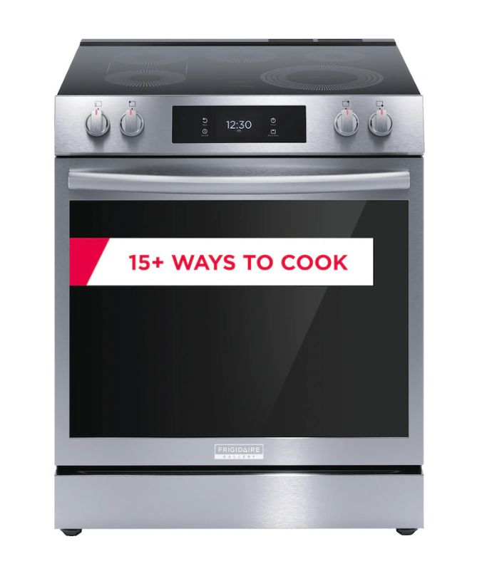 Frigidaire Gallery 30-in Smooth Surface Glass Top 5 Elements 6.2-cu ft Self-Cleaning Air Fry Convection Oven Slide-in Electric Range (Fingerprint Resistant Stainless Steel)