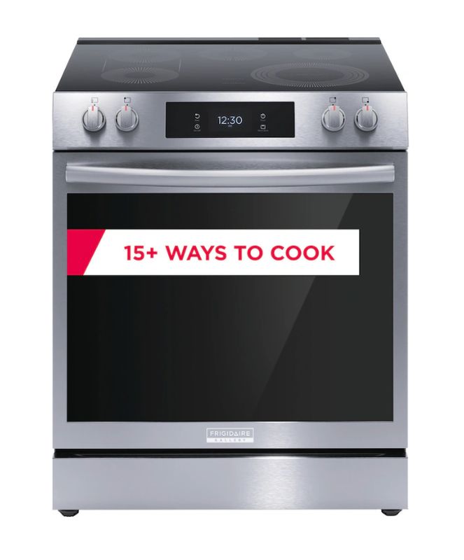 Frigidaire Gallery 30-in Smooth Surface Glass Top 5 Elements 6.2-cu ft Self-Cleaning Air Fry Convection Oven Slide-in Electric Range (Fingerprint Resistant Stainless Steel)