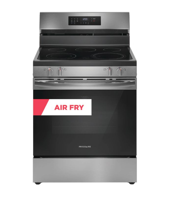 Frigidaire 30-in Smooth Surface Glass Top 5 Elements 5.3-cu ft Self-Cleaning Air Fry Convection Oven Freestanding Electric Range (Stainless Steel)